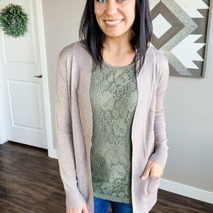 NWT Cielo Open Front Cardigan Sweater with Pockets Soft Beige Camel Colo…